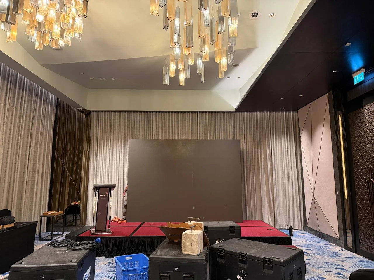 Religious event stage with coloured overhead lighting