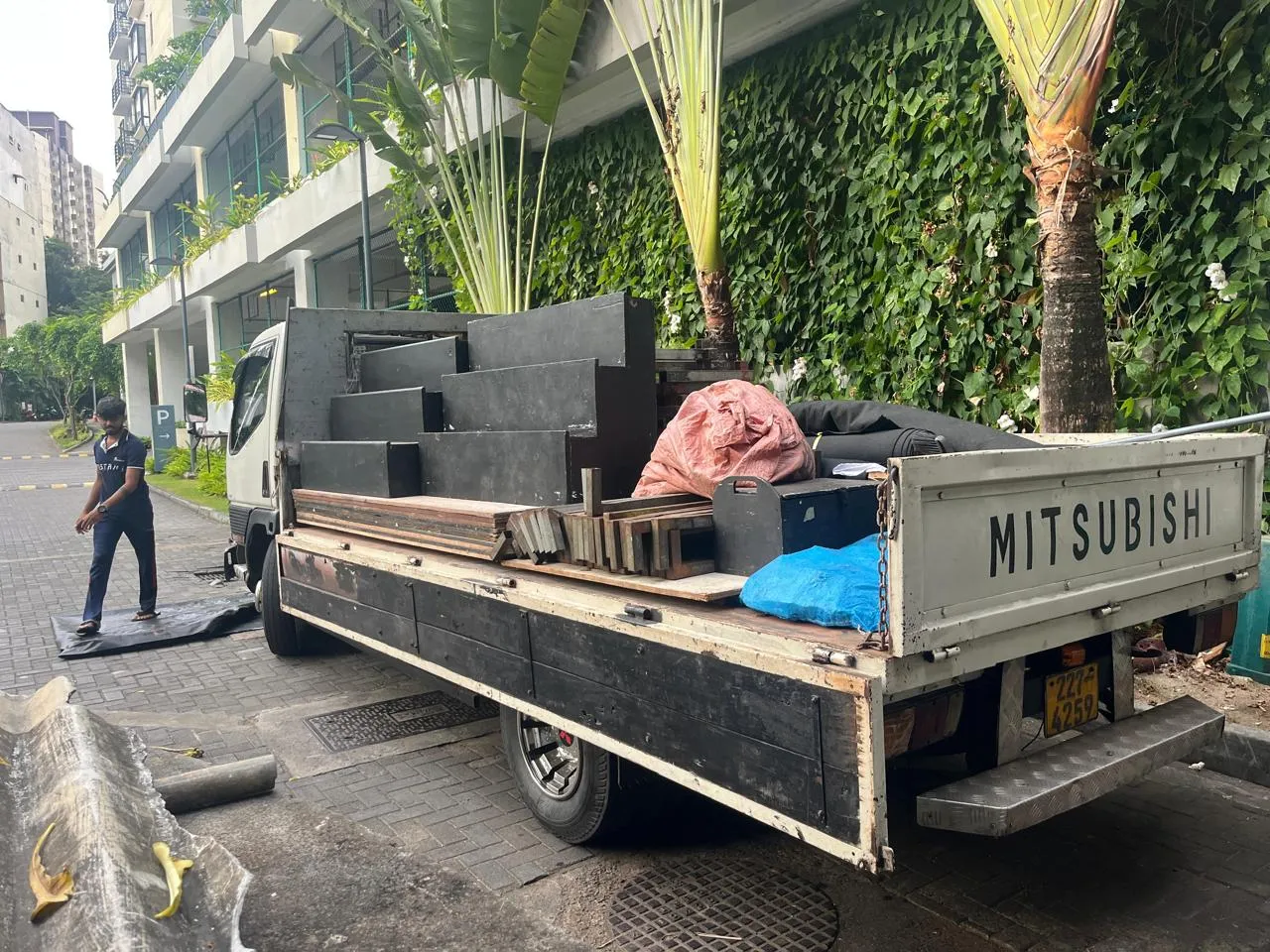 Trucks transporting event staging and trussing equipment
